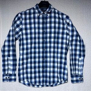 Beverly Hills Polo Club Shirt Men's Size M Long Sleeve Blue Plaid Bottom Down
